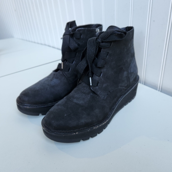 Eileen Fisher Size 7.5 M Suede Wedge Ankle Boots Lace Up black - Picture 4 of 10